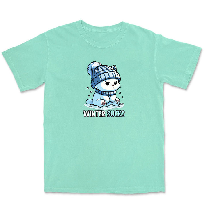 Mint green t-shirt with a cartoon character wearing a winter hat and scarf, and the text 'Winter Sucks' on a white background.
