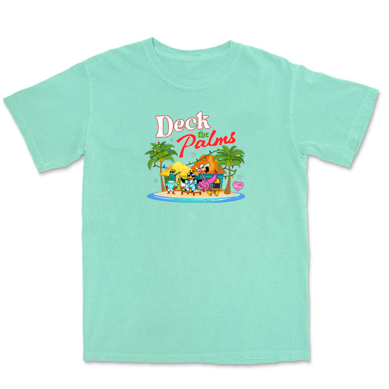 Mint green t-shirt with 'Deck the Palms' graphic design on a white background