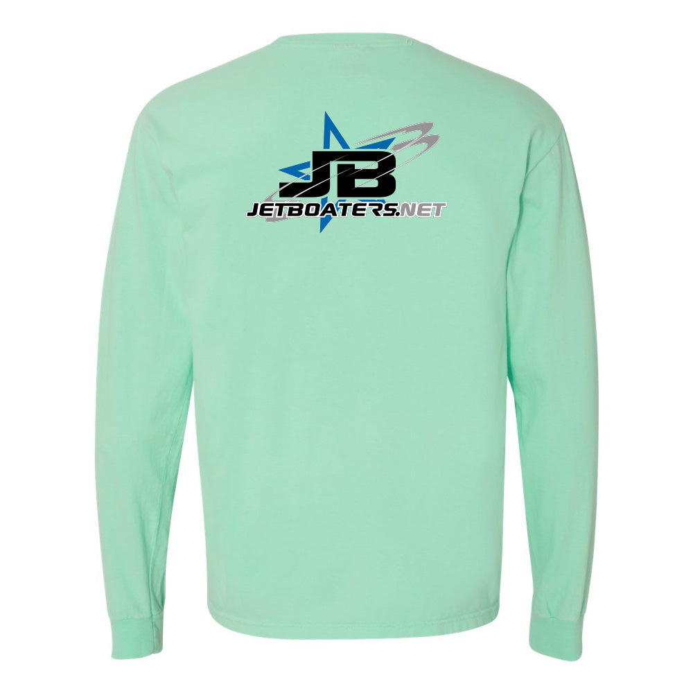 Mint green long-sleeve shirt with JetBoaters.net logo on a white background