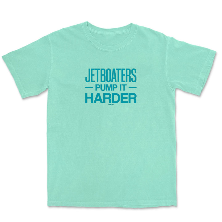 Mint green t-shirt with blue text on a white background