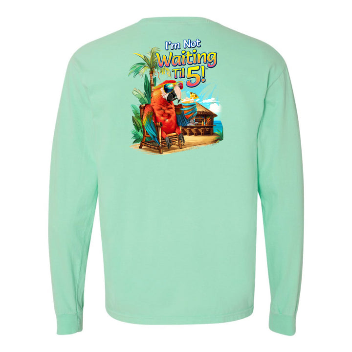 Mint green long-sleeve shirt with a tropical design and text on the back