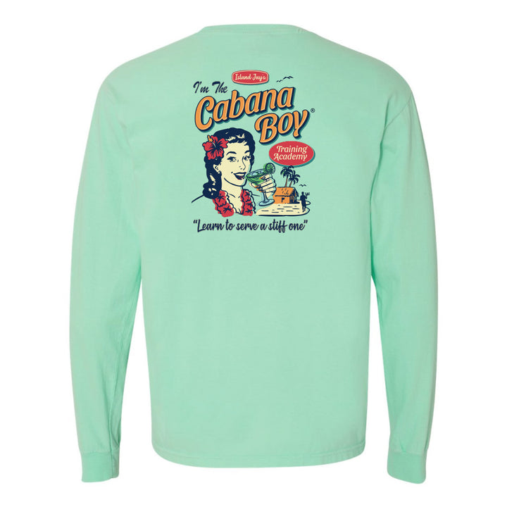 Mint green long-sleeve shirt with 'I'm the Cabana Boy' graphic on a white background