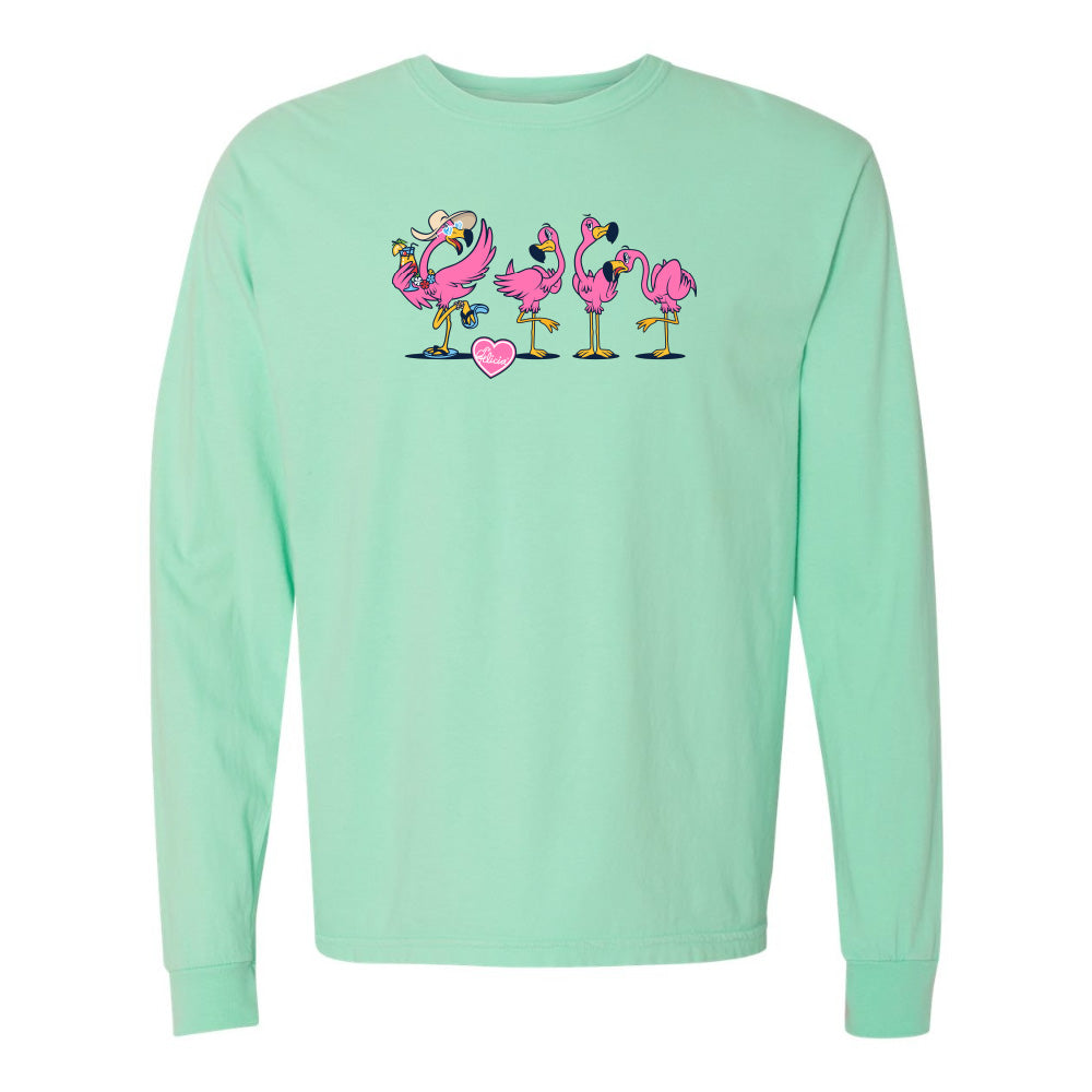 Mint green long-sleeve shirt with pink flamingo design on a white background