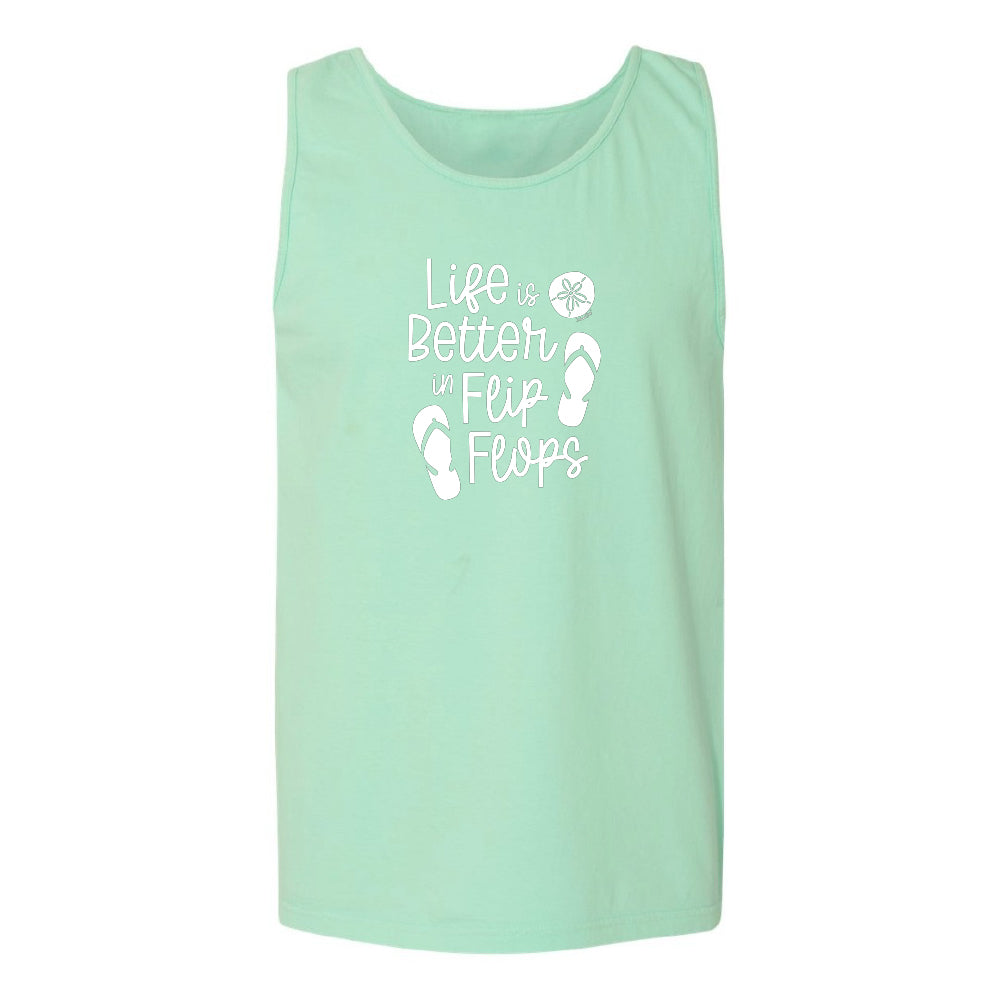 Mint green tank top with 'Life is Better in Flip Flops' text and graphic on a white background