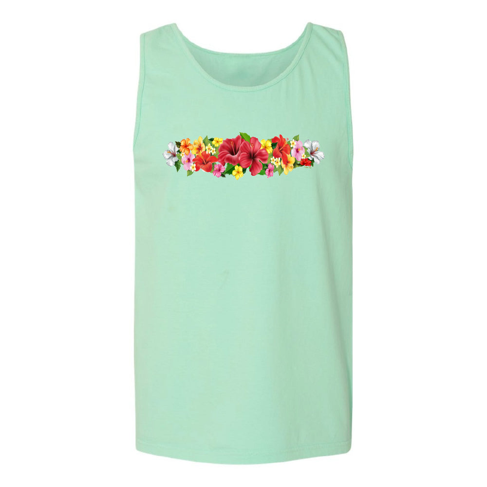 Mint green tank top with colorful floral design on a white background