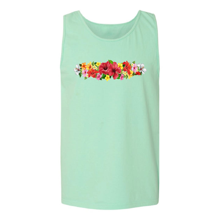 Mint green tank top with colorful floral design on a white background
