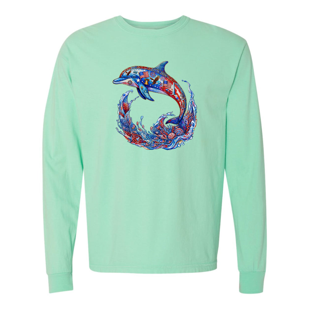 Mint green long-sleeve shirt with a colorful dolphin design on a white background