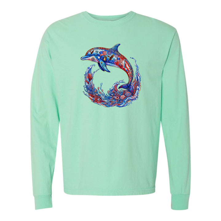 Mint green long-sleeve shirt with a colorful dolphin design on a white background