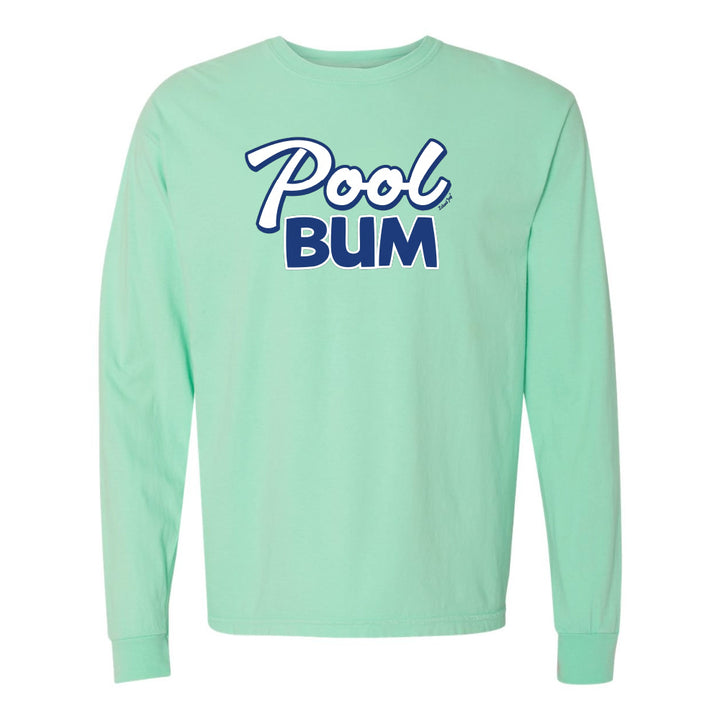 Mint green long-sleeve shirt with 'Pool Bum' text on a white background