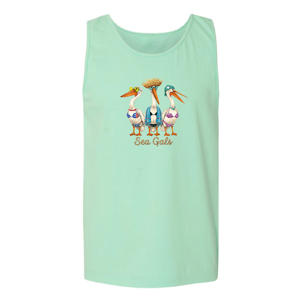 Mint green tank top with 'Sea Gals' design featuring three pelicans on a white background