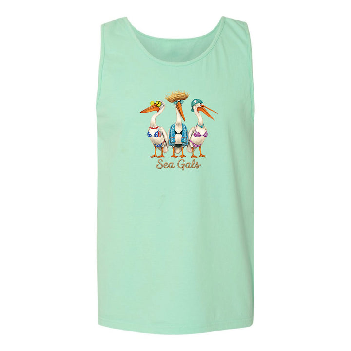 Mint green tank top with 'Sea Gals' design featuring three pelicans on a white background