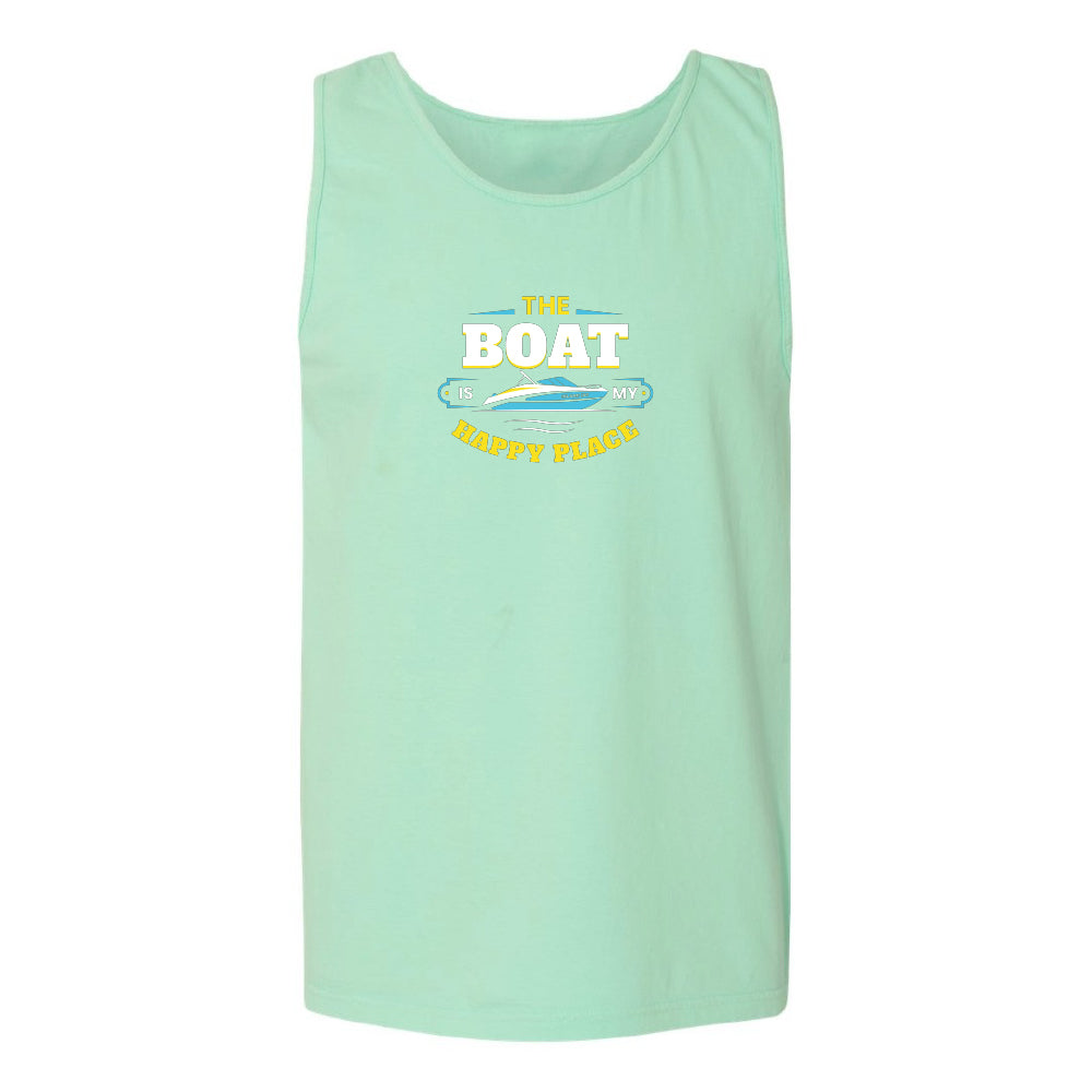 Mint green tank top with 'The Boat Happy Place' text and graphic on a white background