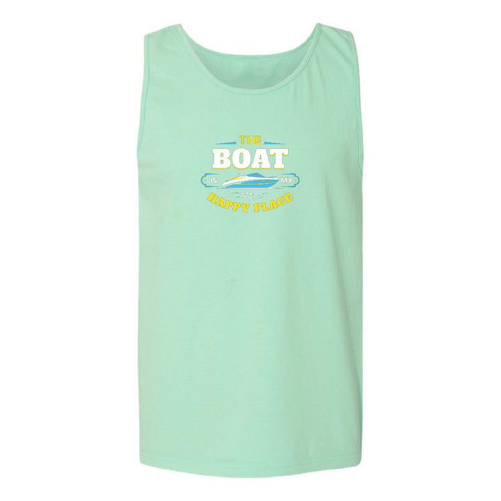 Mint green tank top with 'The Boat Happy Place' text and graphic on a white background