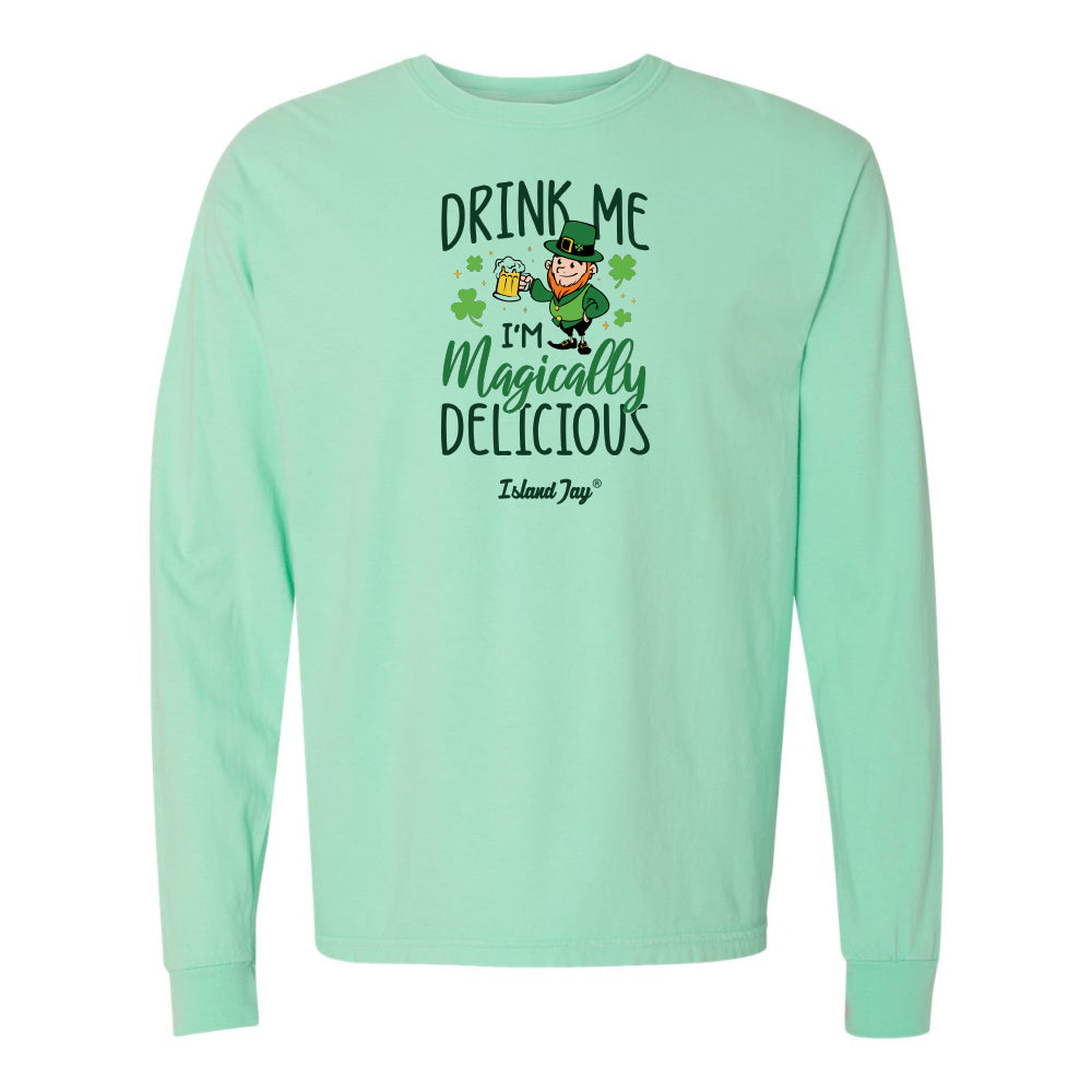 Mint green long-sleeve shirt with a leprechaun graphic and text on a white background