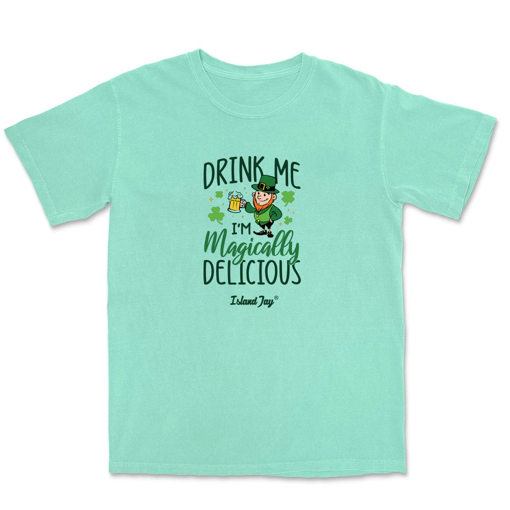 Mint green t-shirt with a leprechaun graphic and text on a white background