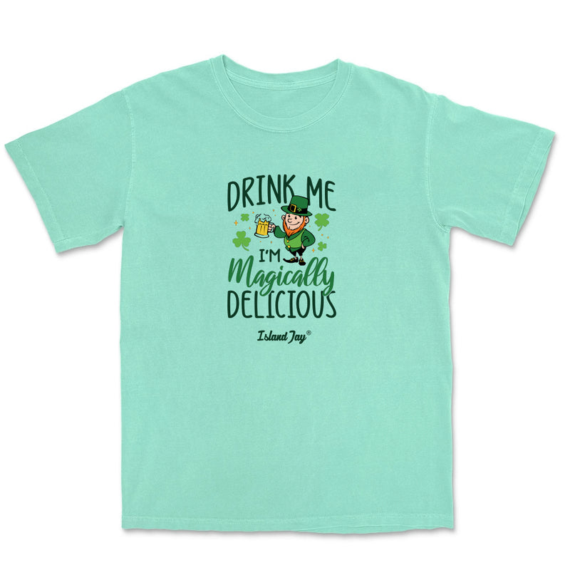 Mint green t-shirt with a leprechaun graphic and text on a white background