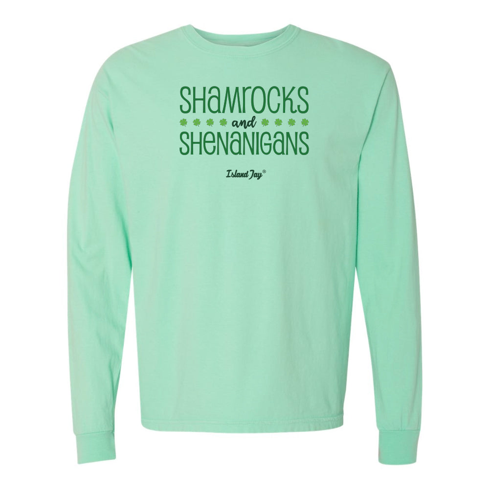 Mint green long-sleeve shirt with 'Shamrocks and Shenanigans' text on a white background