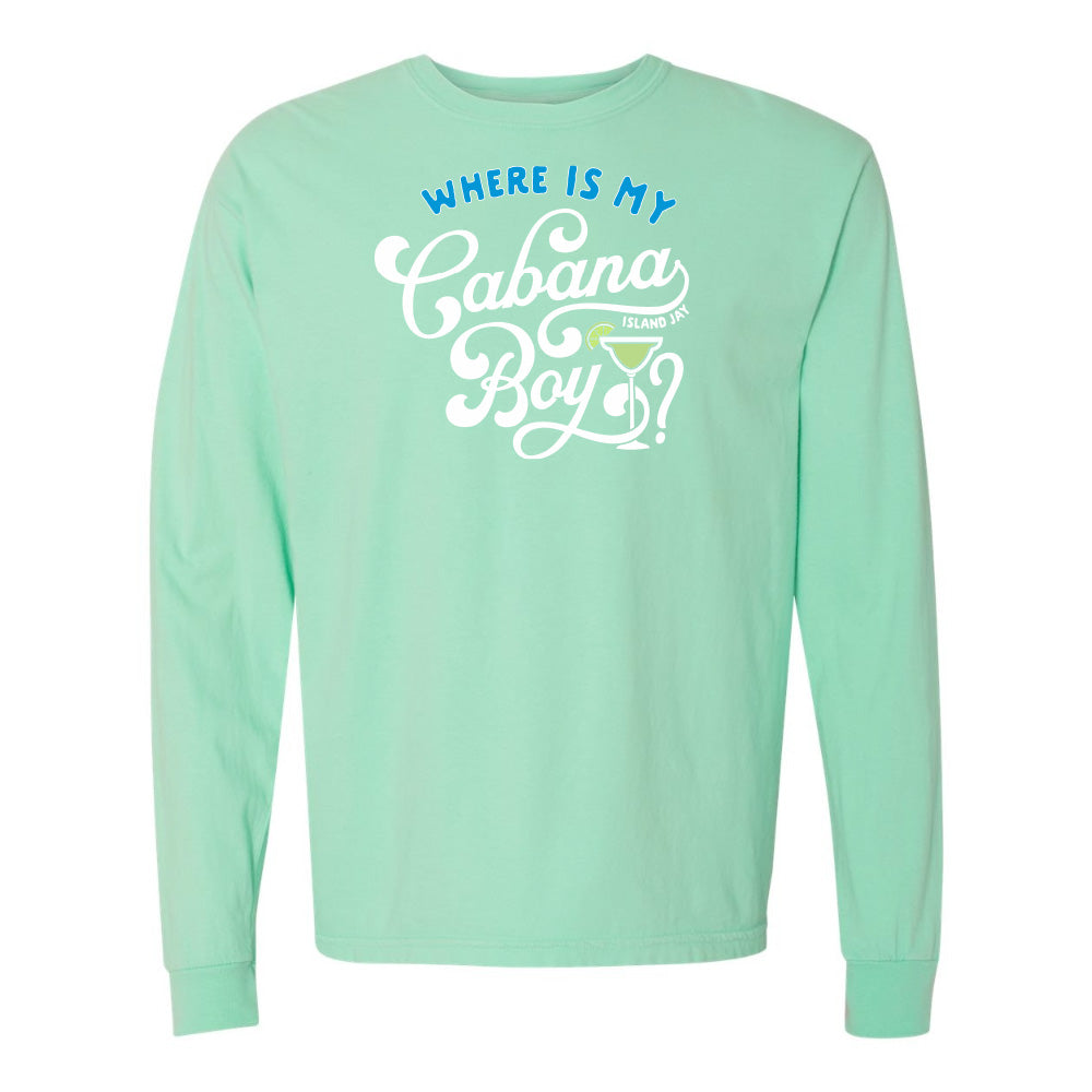 Mint green long-sleeve shirt with text design on a white background