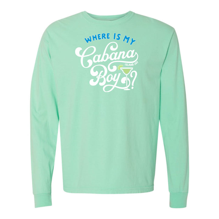 Mint green long-sleeve shirt with text design on a white background