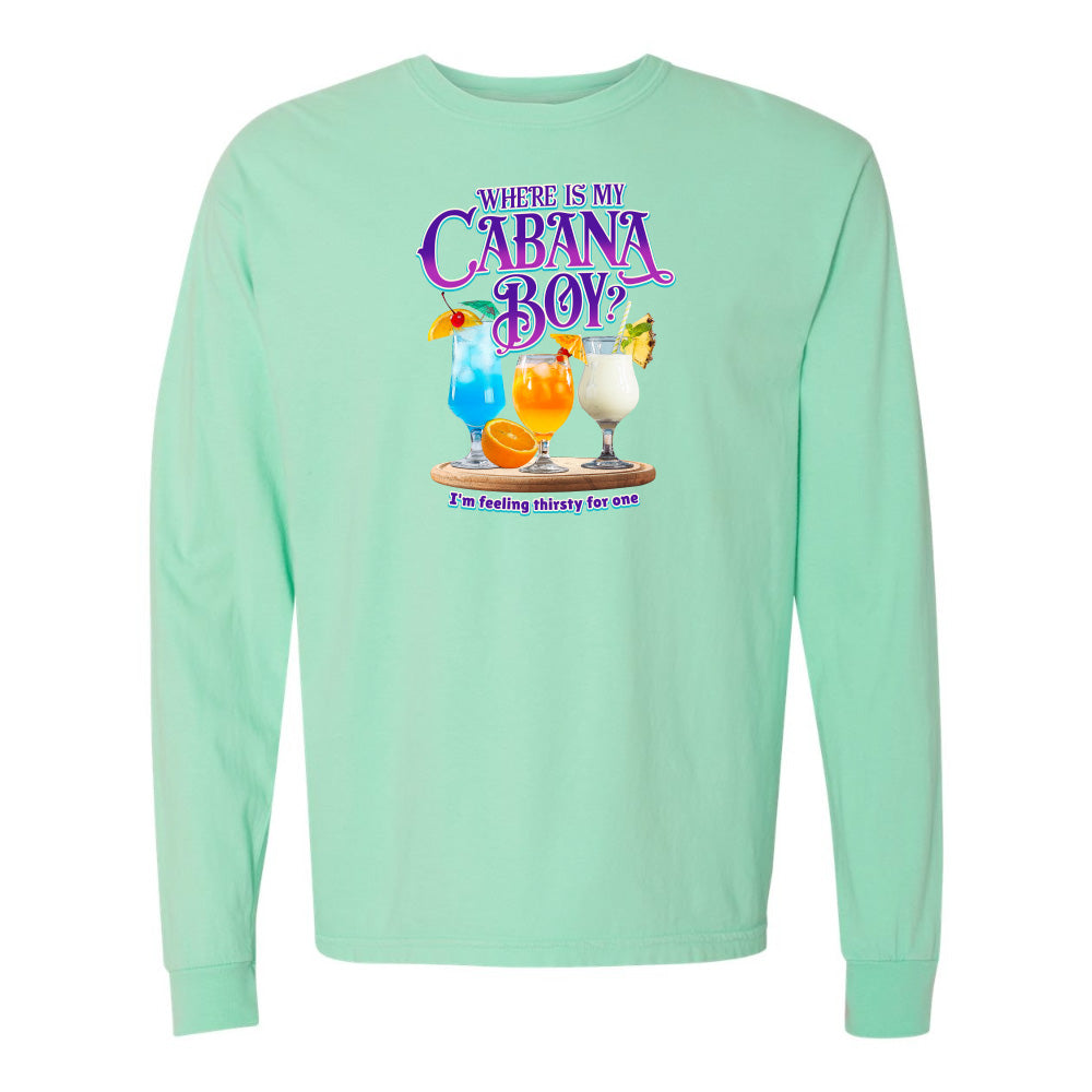 Mint green long-sleeve shirt with 'Where is my Cabana Boy?' text and drink graphics on a white background