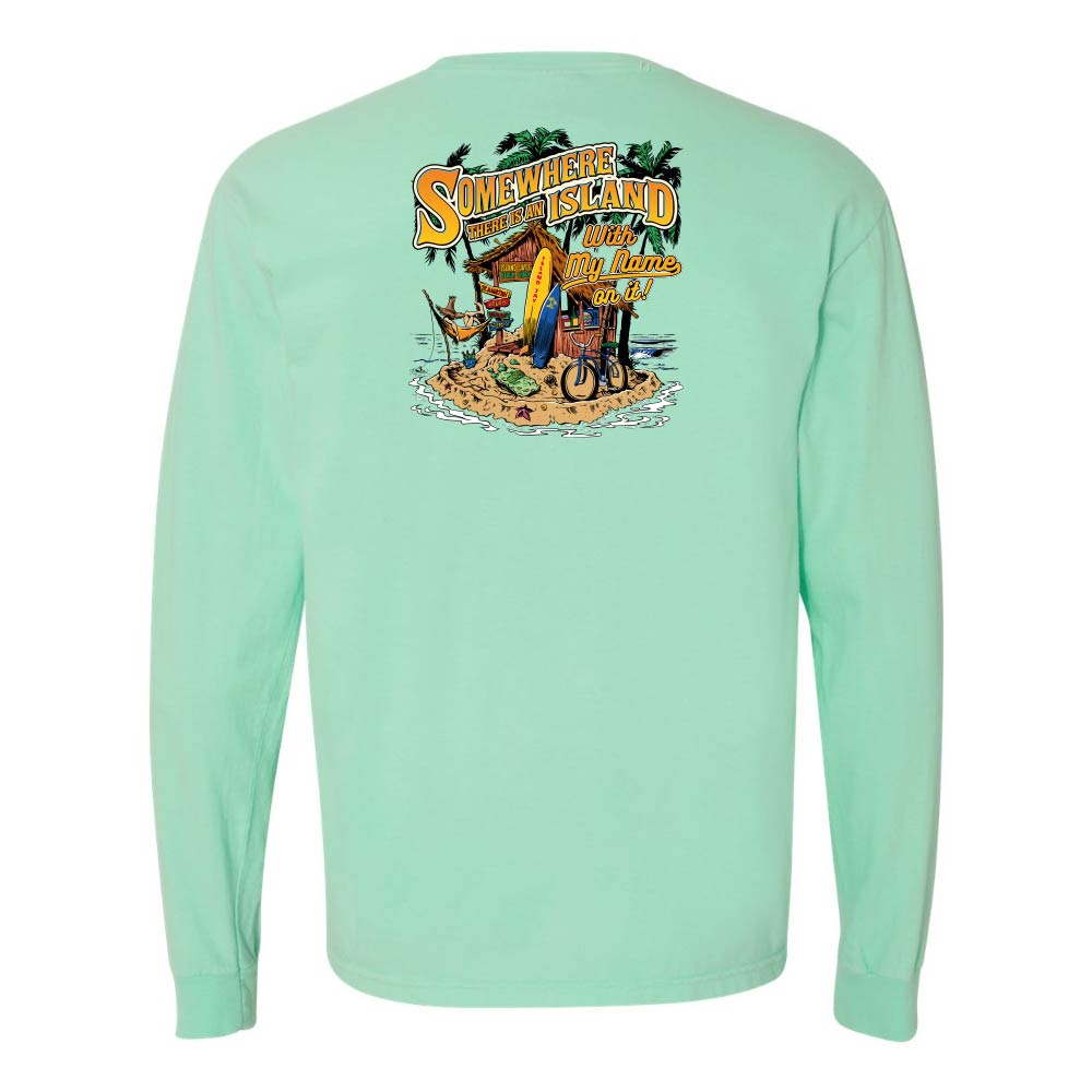Mint green long-sleeve shirt with a tropical island graphic on the back.