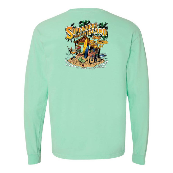 Mint green long-sleeve shirt with a tropical island graphic on the back.