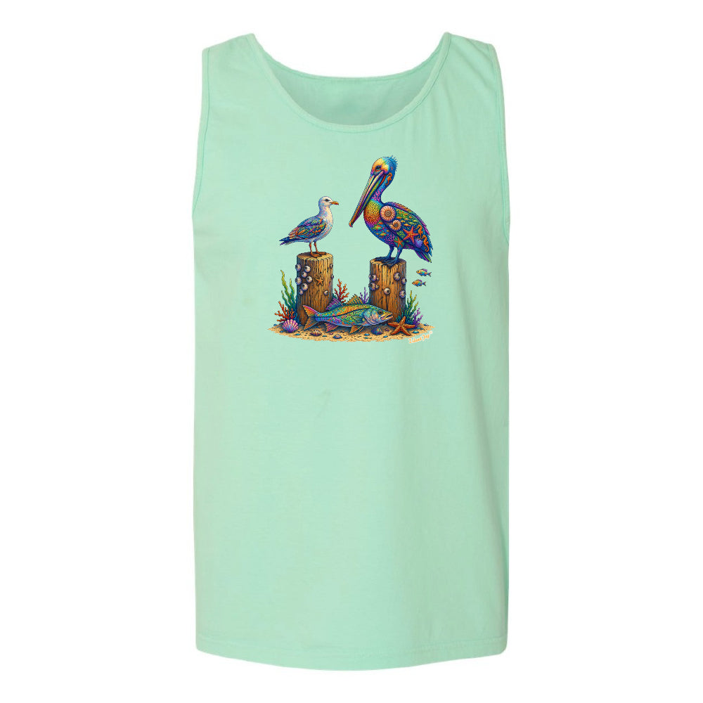 Mint green tank top with a colorful pelican design on a white background
