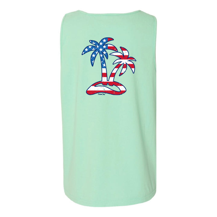 Mint green tank top with American flag palm trees design on a white background