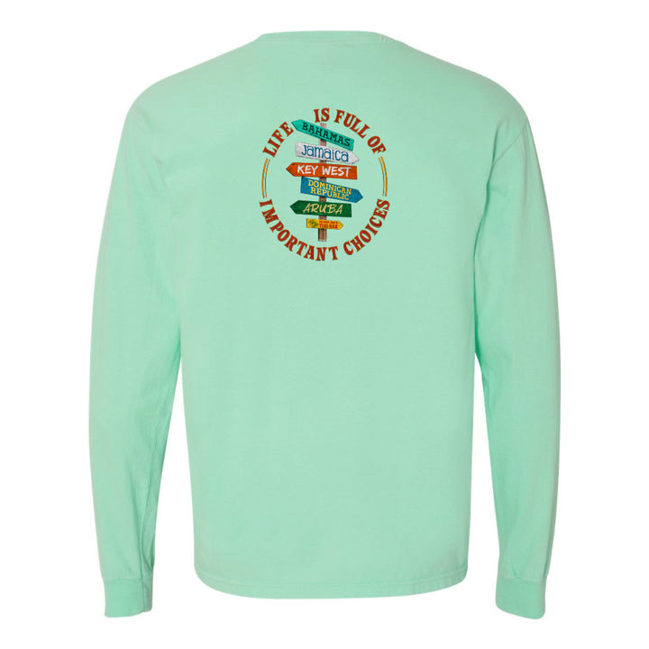 Mint green long-sleeve shirt with a colorful graphic on the back against a white background