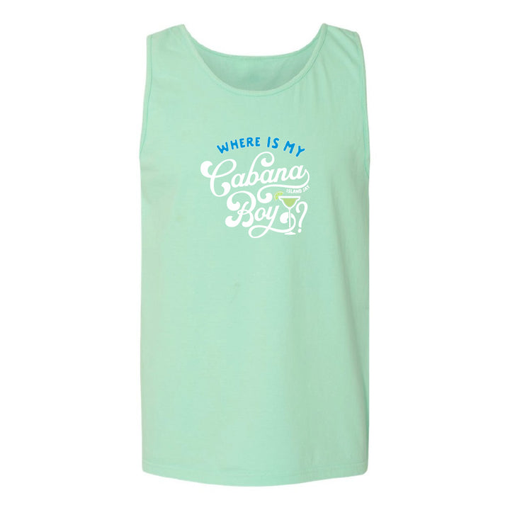 Mint green tank top with text 'WHERE IS MY Cabana Boy' on a white background