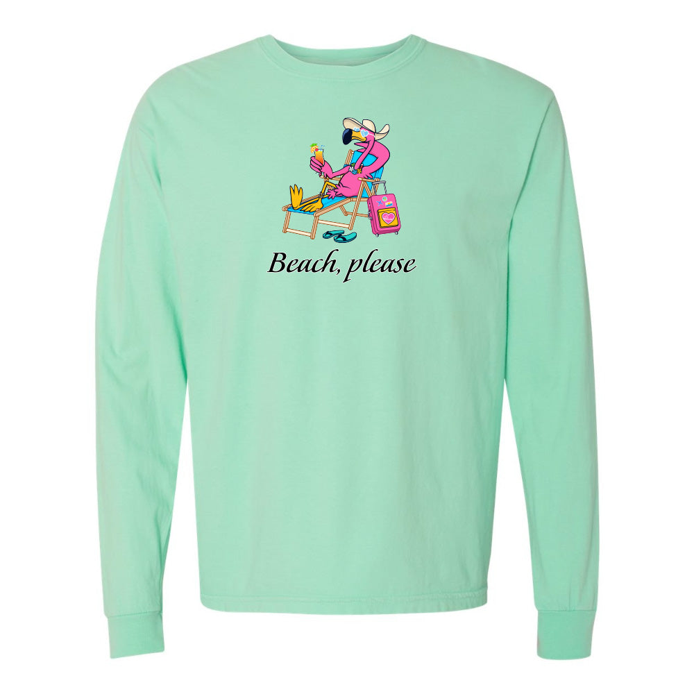 Mint green long-sleeve shirt with a cartoon character and 'Beach, please' text on a white background