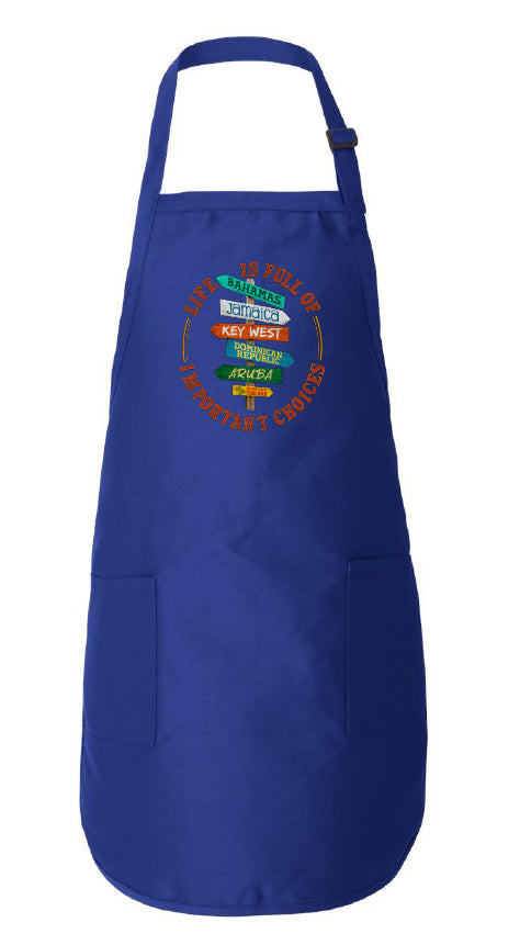 Blue apron with colorful graphic design on a white background