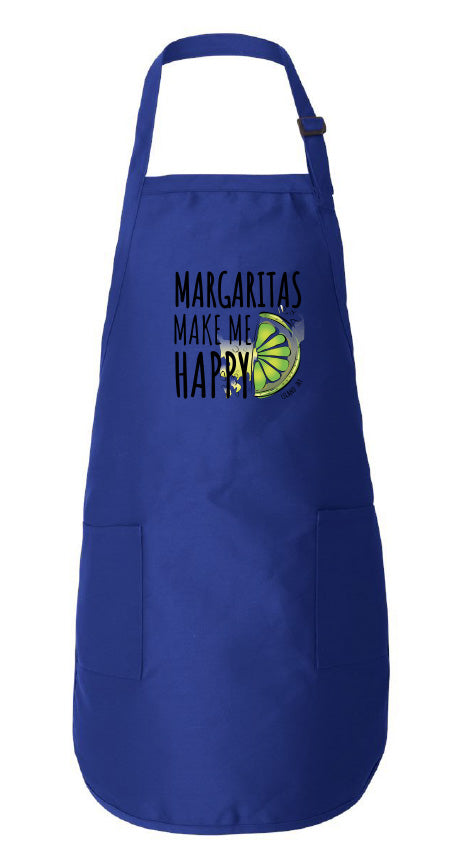 Blue apron with 'Margaritas Make Me Happy' text and lime graphic on a white background