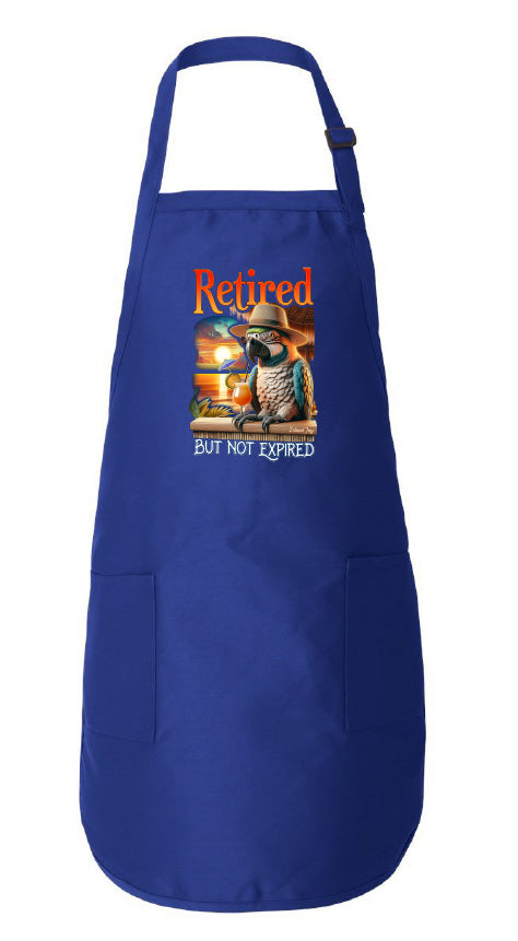 Blue apron with a graphic design and text on a white background