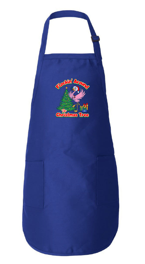 Blue apron with a festive design featuring a flamingo and Christmas tree on a white background