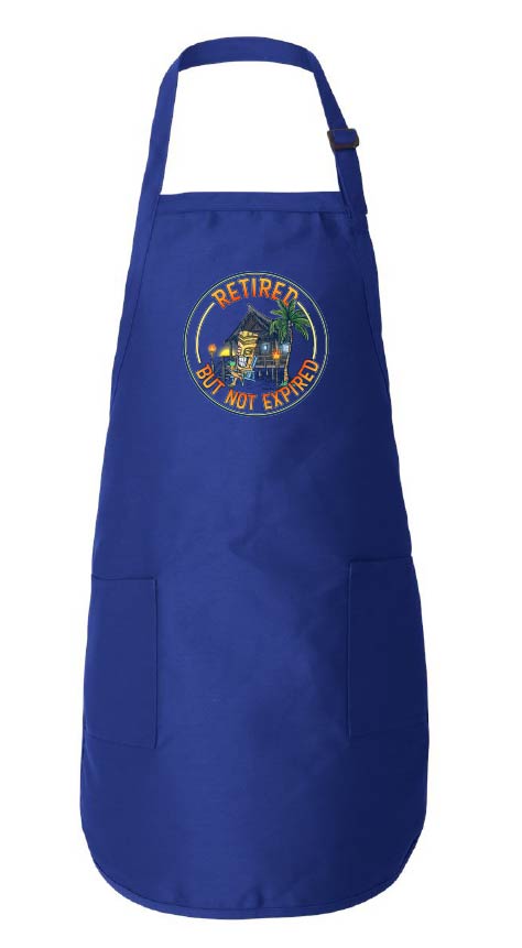 Blue apron with a退休标志 on a white background