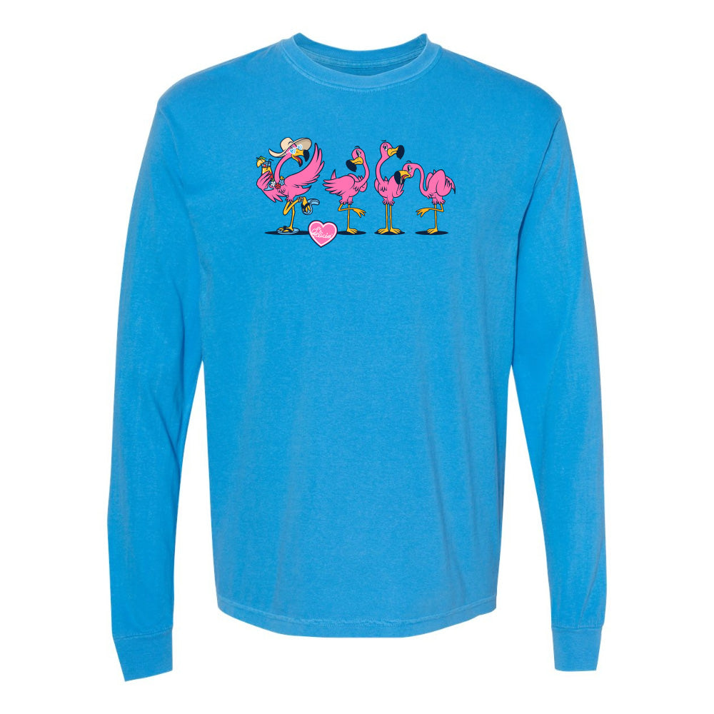 Blue long-sleeve shirt with pink flamingo design on a white background