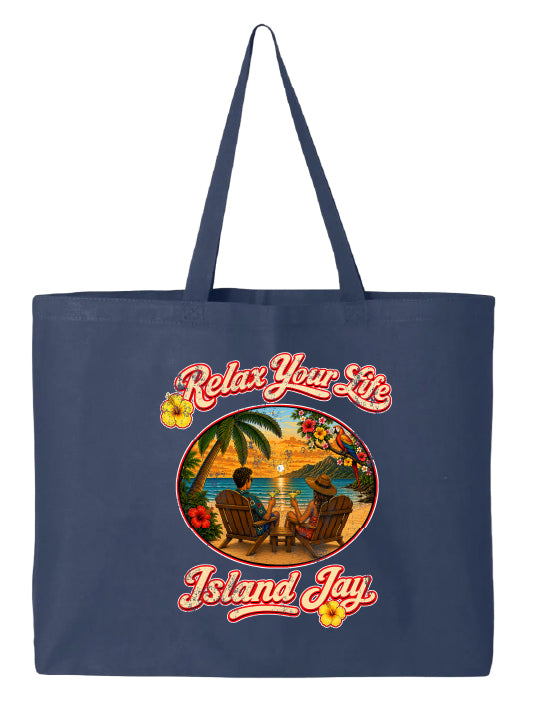 Navy tote bag with 'Relax Your Life' and 'Island Jay' design featuring a beach scene.