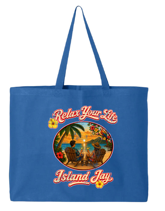 Blue tote bag with 'Relax Your Life' and 'Island Jay' design featuring a beach scene.