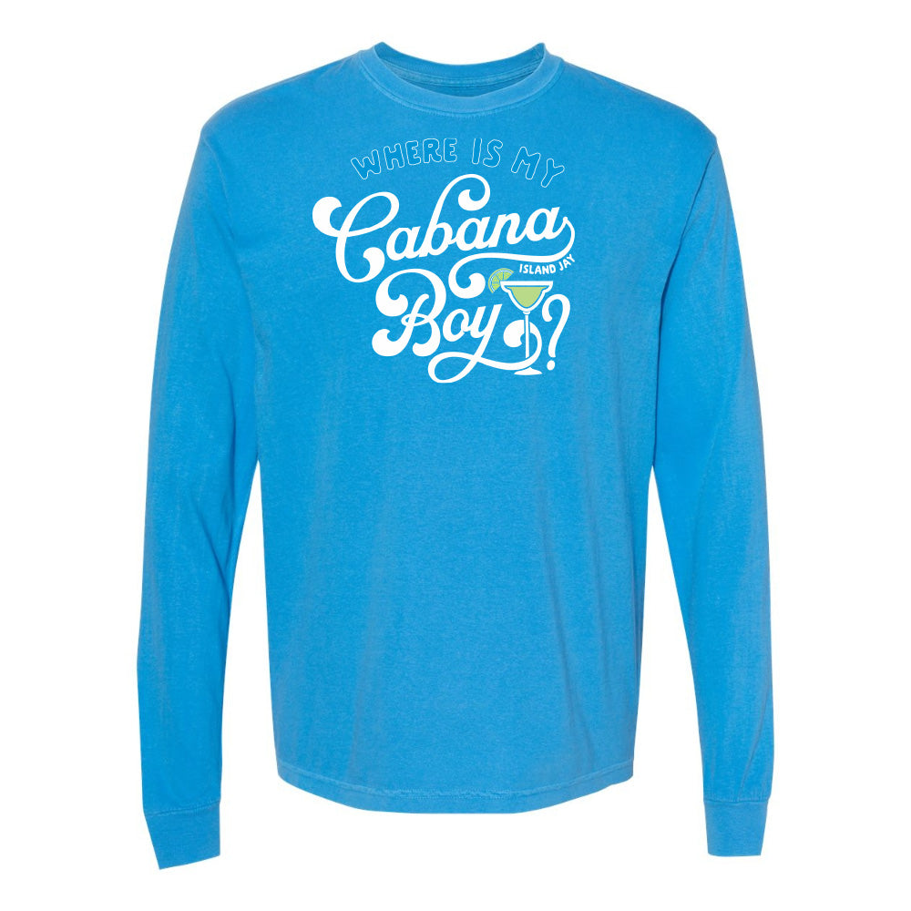 Blue long-sleeve shirt with white text on a white background