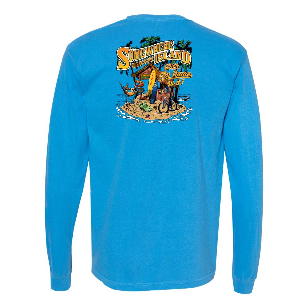 Blue long-sleeve shirt with a graphic design on the back against a white background