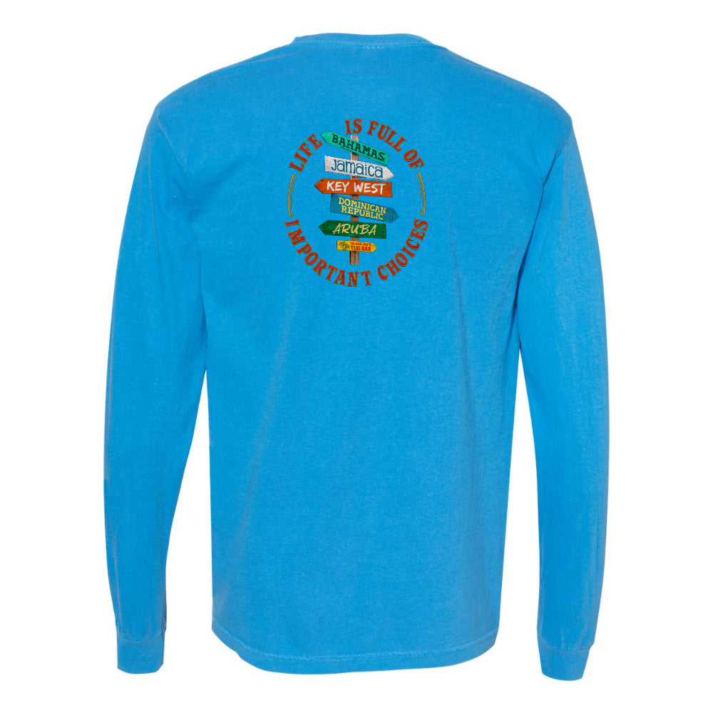 Blue long-sleeve shirt with colorful graphic on the back against a white background