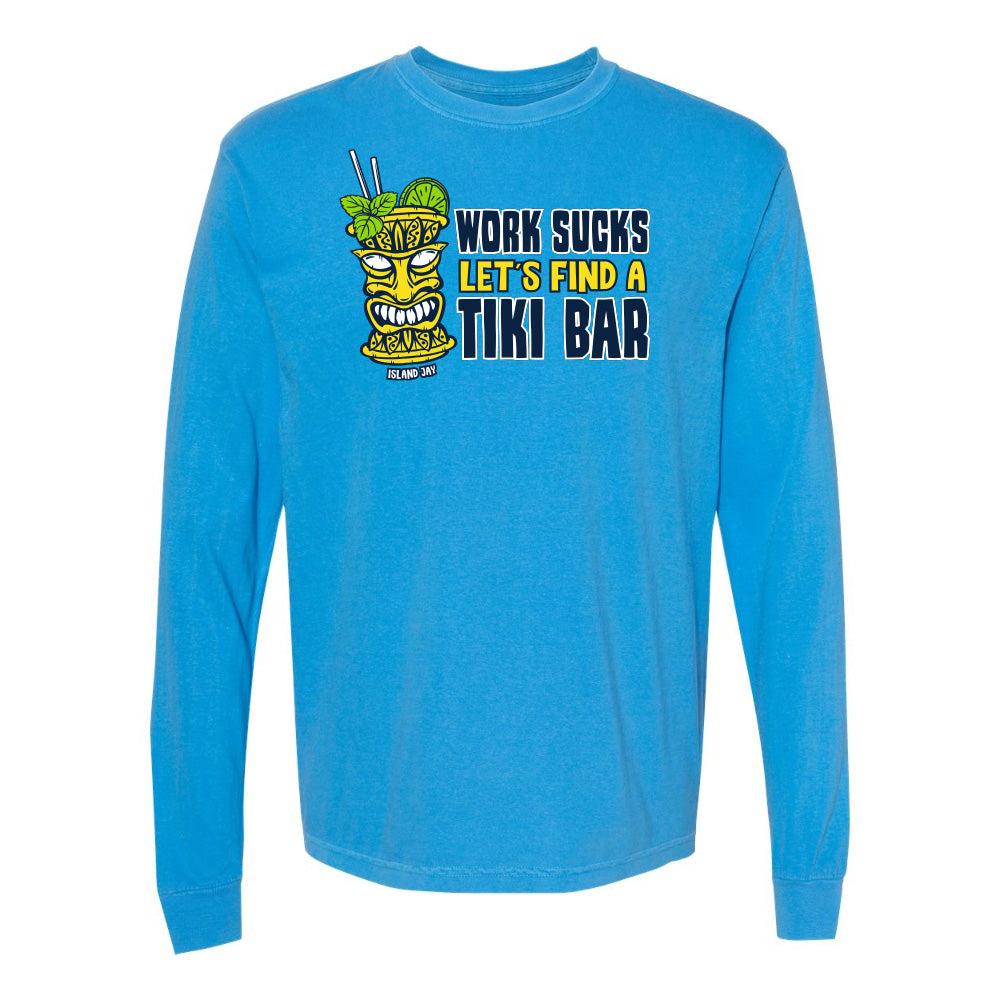 Blue long-sleeve shirt with a tiki bar graphic and text on a white background