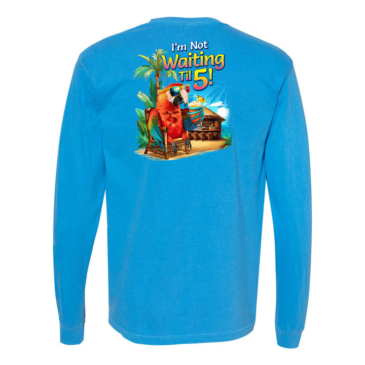 Blue long-sleeve shirt with a colorful graphic and text on the back