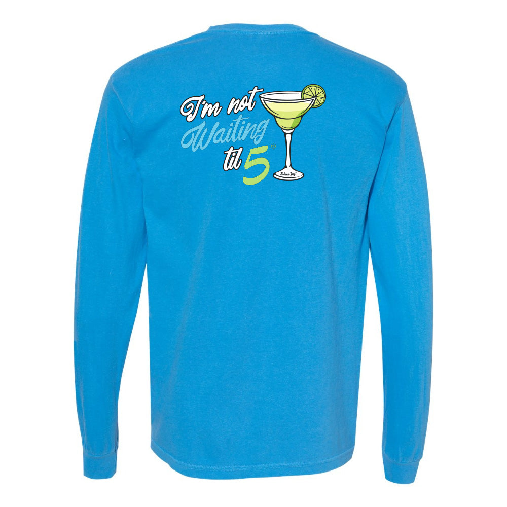 Blue long-sleeve shirt with a graphic and text on the back, on a white background
