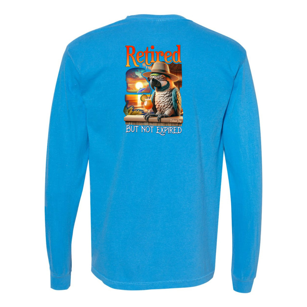Blue long-sleeve shirt with a graphic of a parrot and text on the back, on a white background.