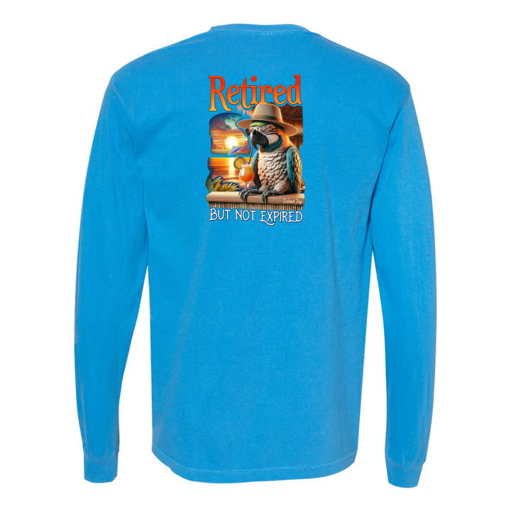 Blue long-sleeve shirt with a graphic of a parrot and text on the back, on a white background.