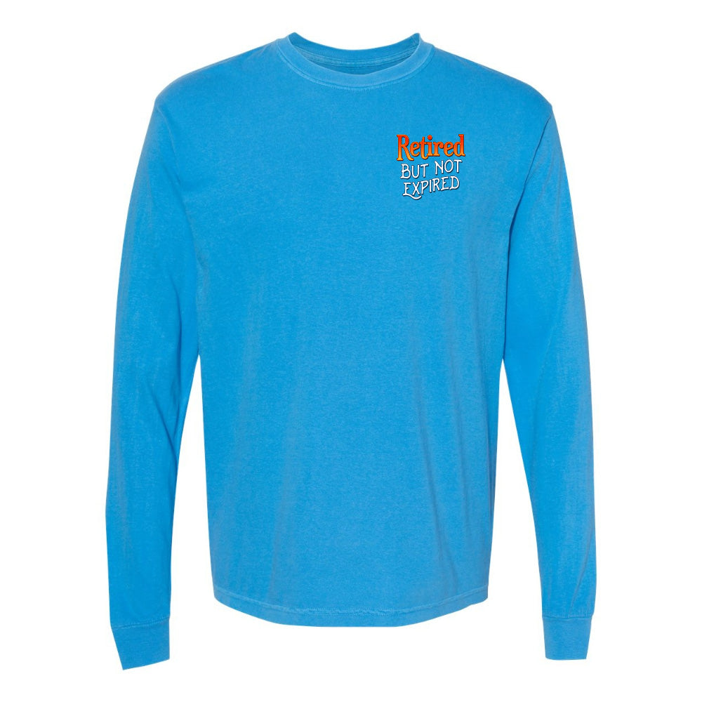 Blue long-sleeve shirt with 'Retired But Not Expired' text on a white background