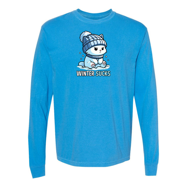 Blue long-sleeve shirt with a cartoon character and 'Winter Sucks' text on a white background