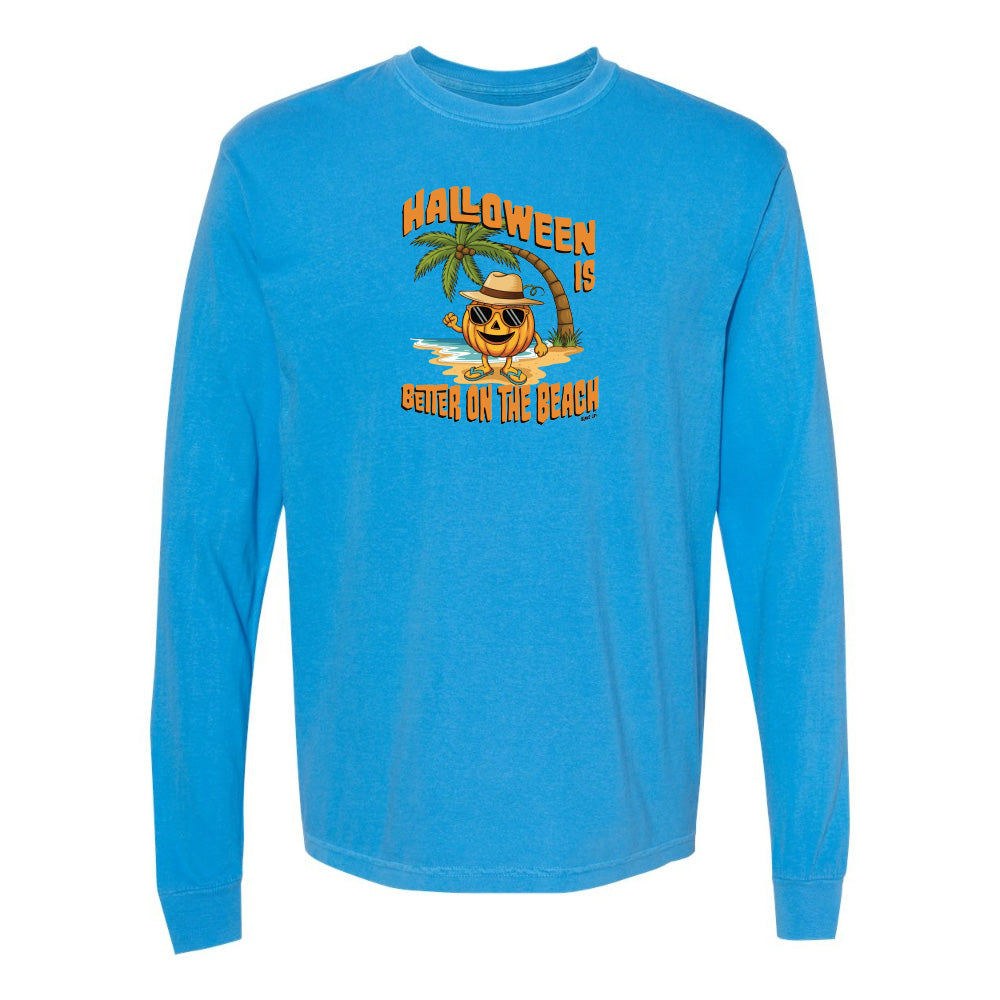 Blue long-sleeve shirt with Halloween beach graphic on a white background